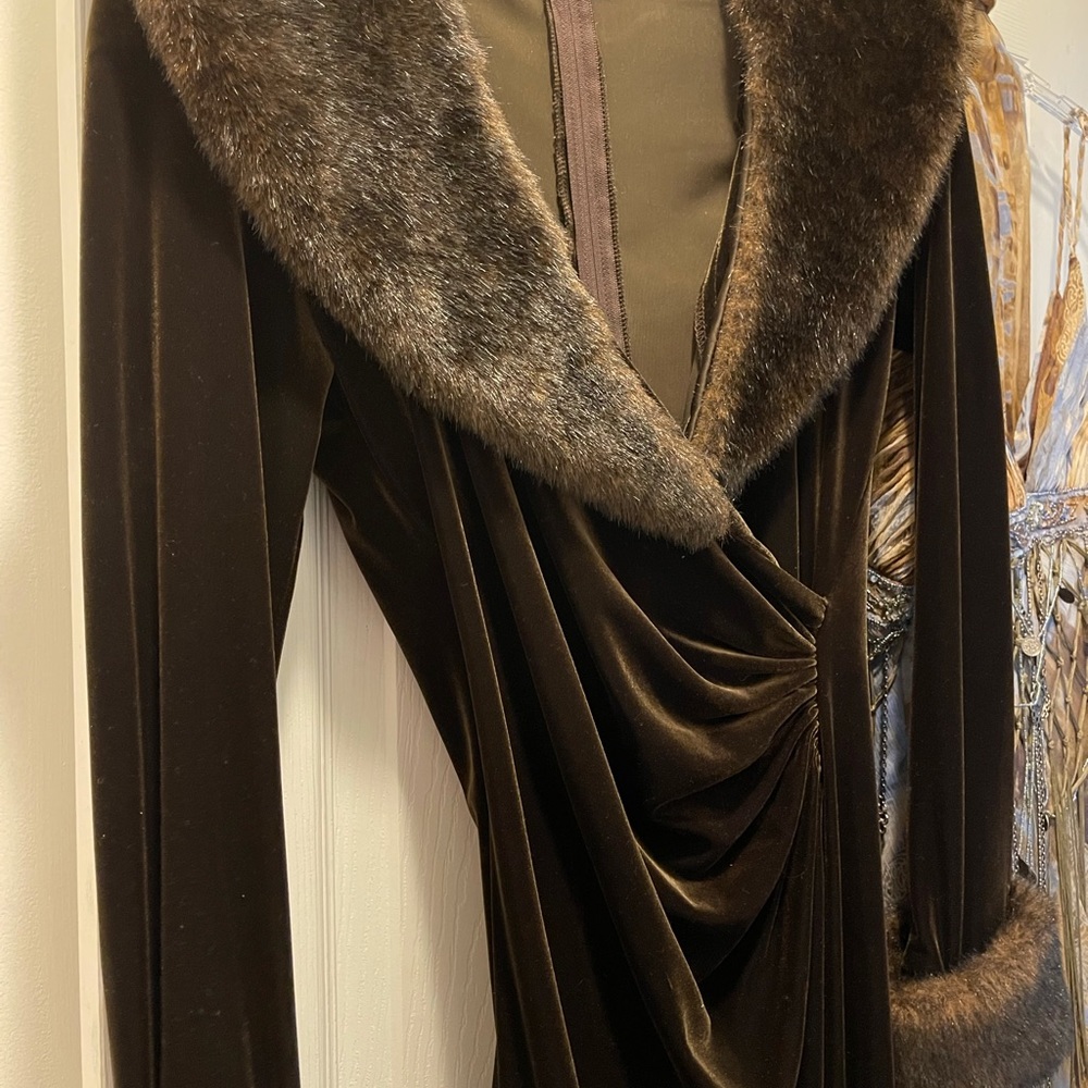 A beautiful stretch chocolate velvet gown by Cache